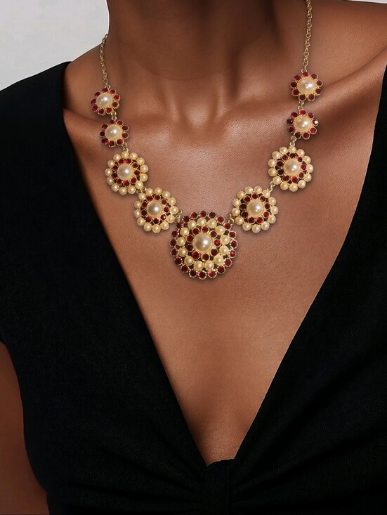 Monet Jewelry - Vintage Monet red Stones and pearl floral necklace and matching bracelet